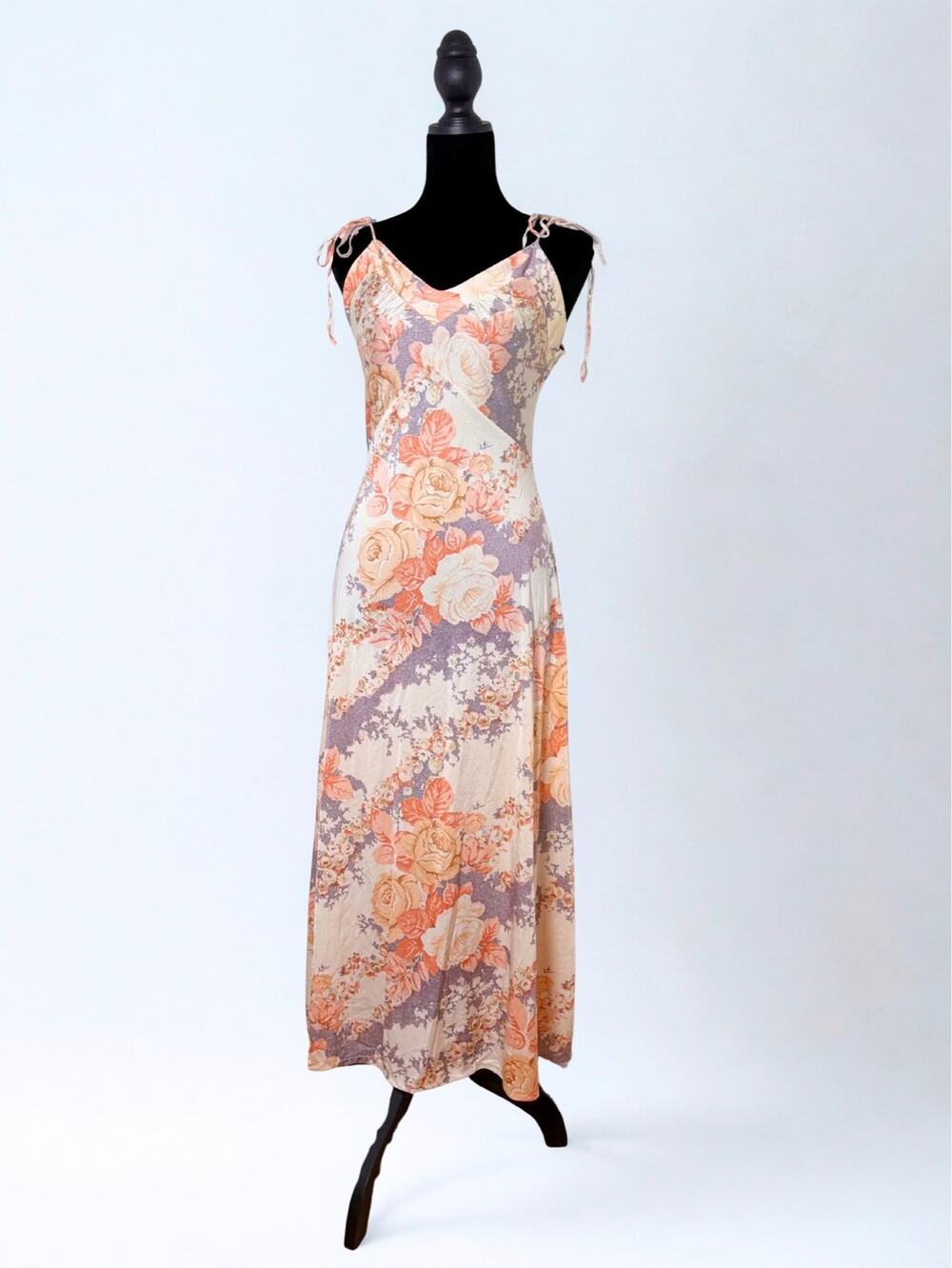Orange Cream Floral Print Spaghetti Tie Strap Slinky Slip Dress Midi Fairy